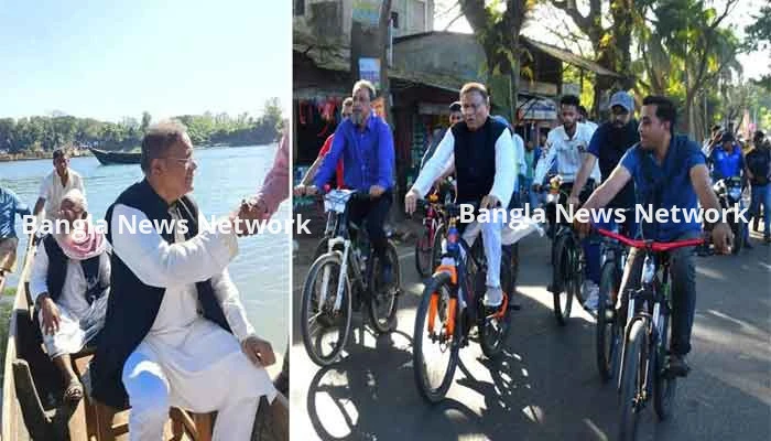 ডিঙ্গি নৌকায় চড়ে, সাইকেল চালিয়ে নির্বাচন প্রচার করছেন হাছান মাহমুদ